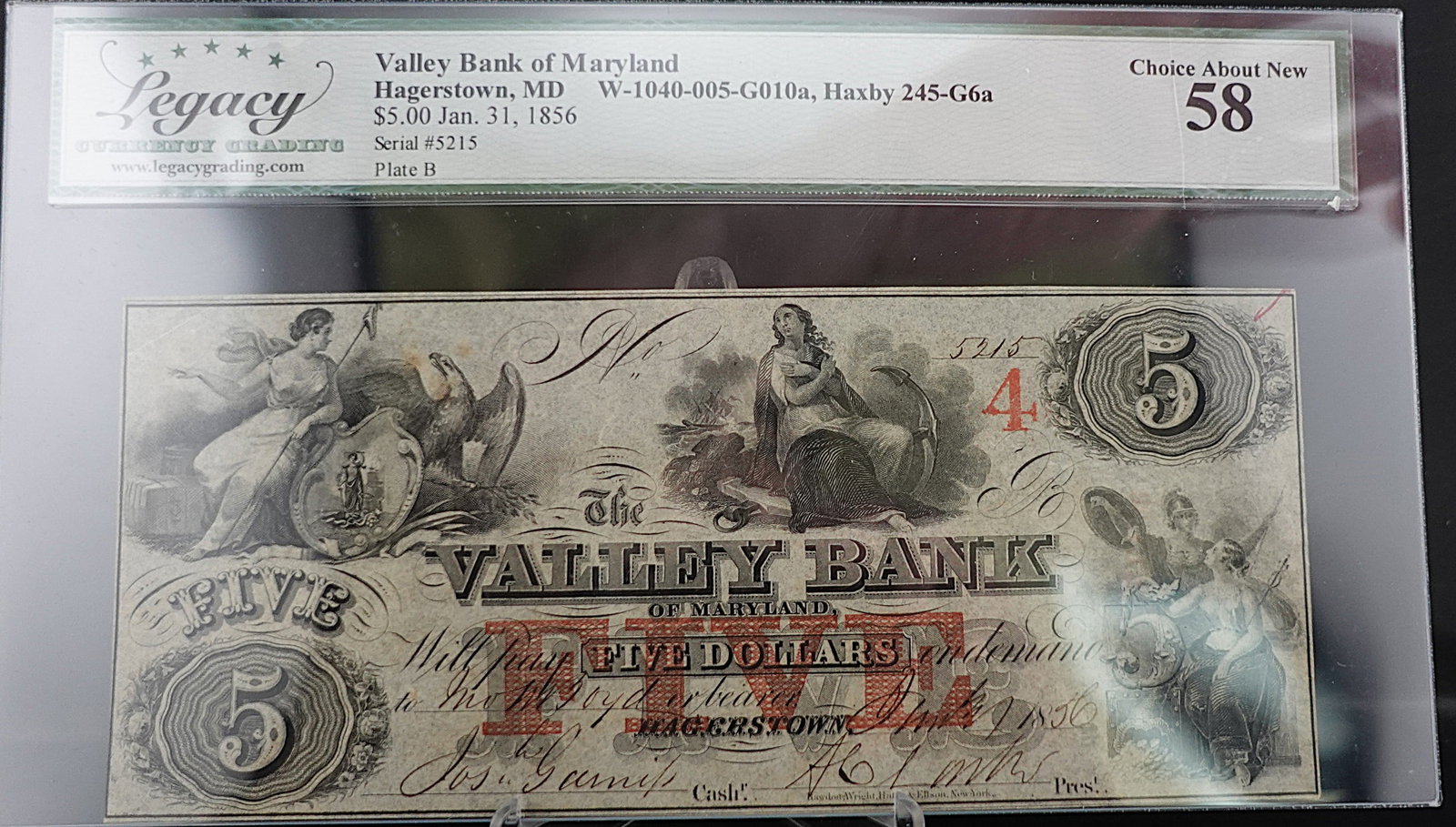 1856 Valley Bank of Maryland Hagerstown MD. $5 Note: High Quality Note! Graded Choice About New 58 Low Estimate: 200.00 High Estimate: 250.00