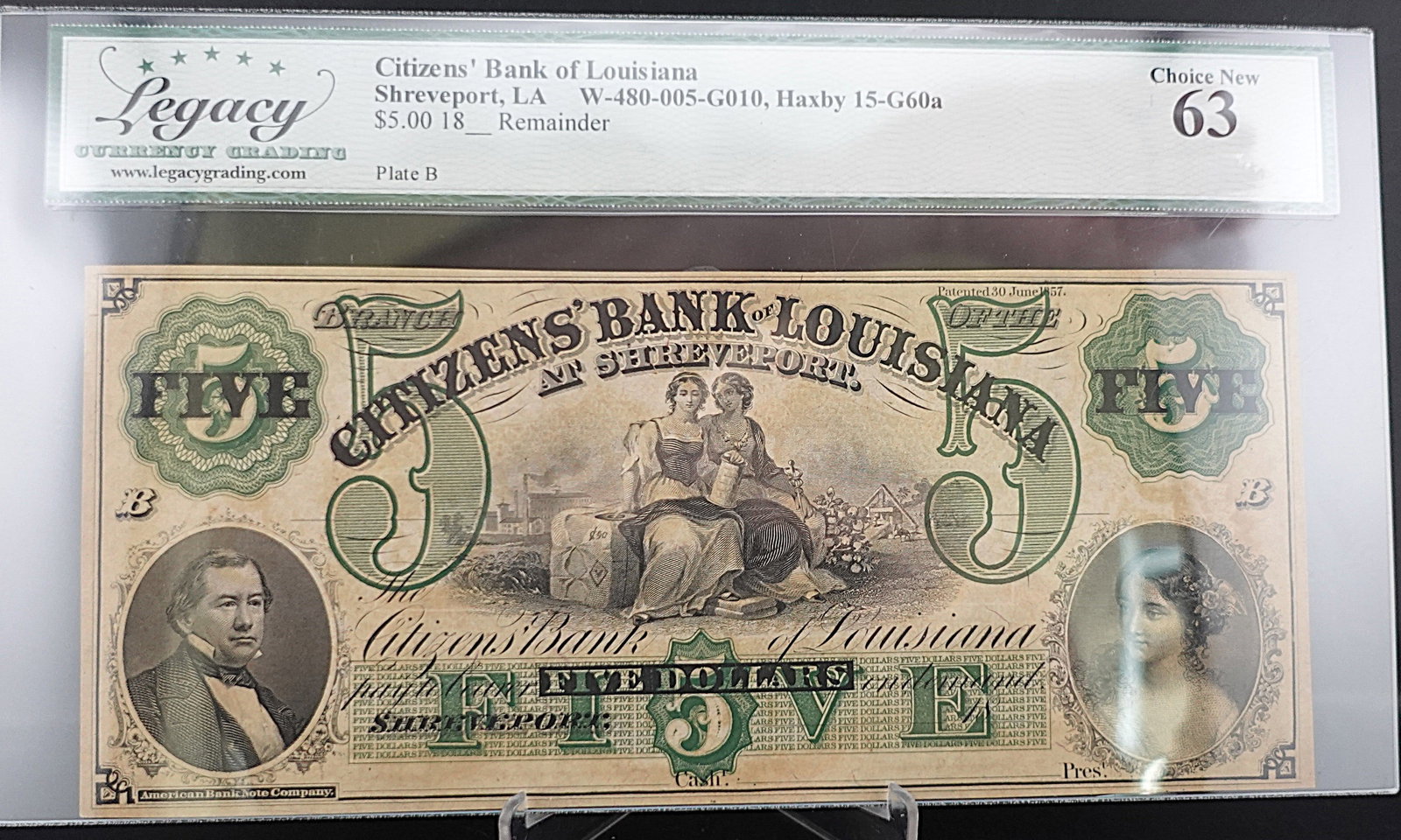 1800's Citizen's' Bank of Louisiana, Shreveport LA: This note is Graded Choice New 63 Low Estimate: 150.00 High Estimate: 200.00