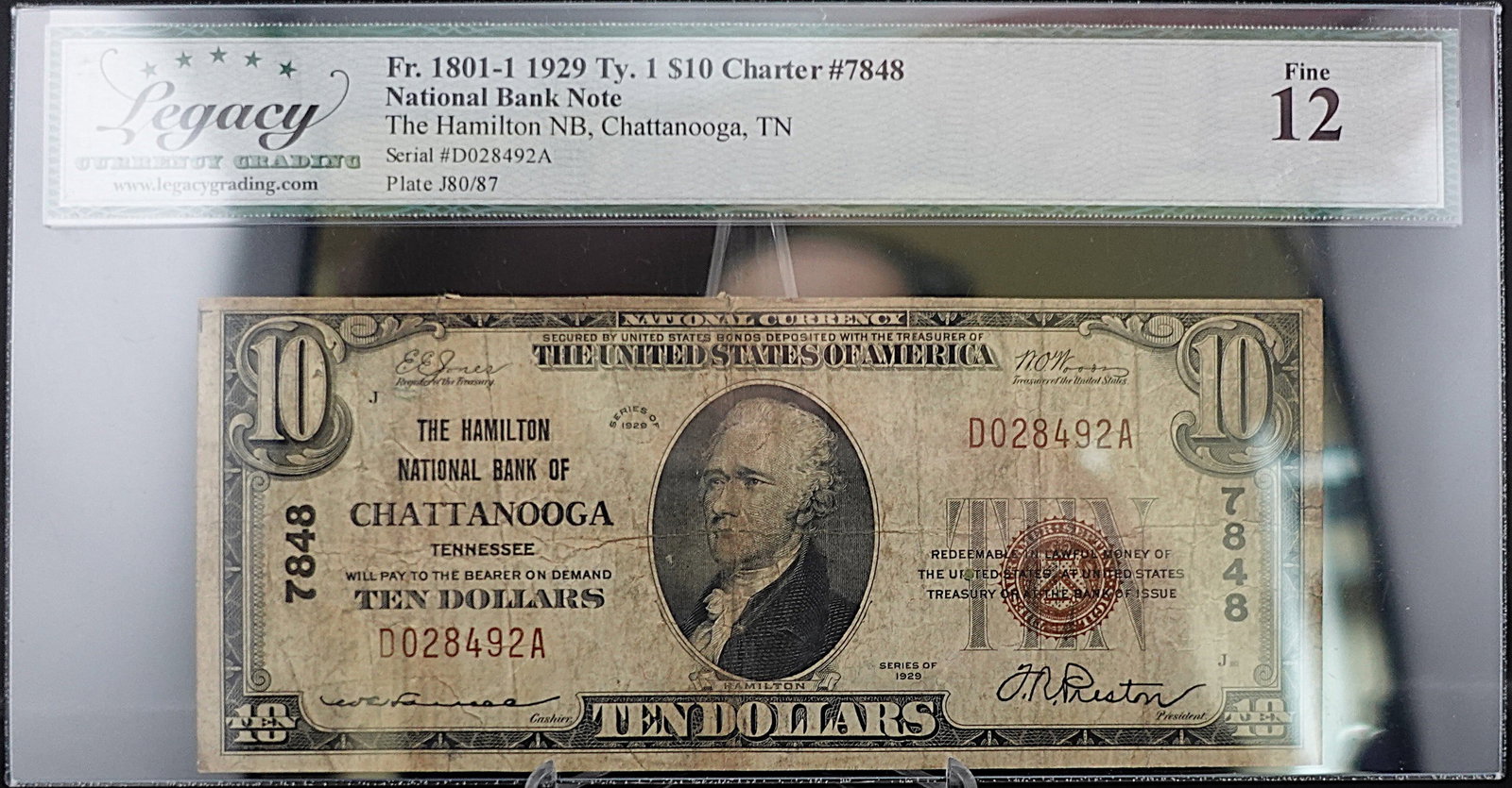 1929 Type 1 The Hamilton National Bank of Chattanooga, TN $10 Note: Nice Note! Graded Fine 12 Low Estimate: 150.00 High Estimate: 200.00