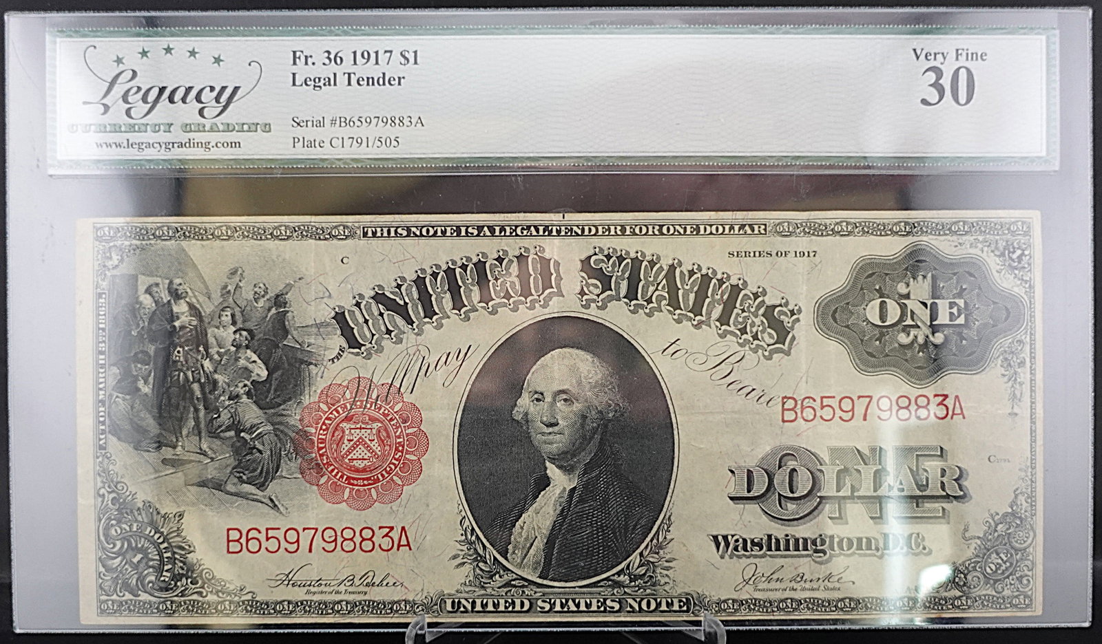 1917 $1 Legal Tender Note: Great Porthole Note! Graded Very Fine 30 Low Estimate: 225.00 High Estimate: 300.00
