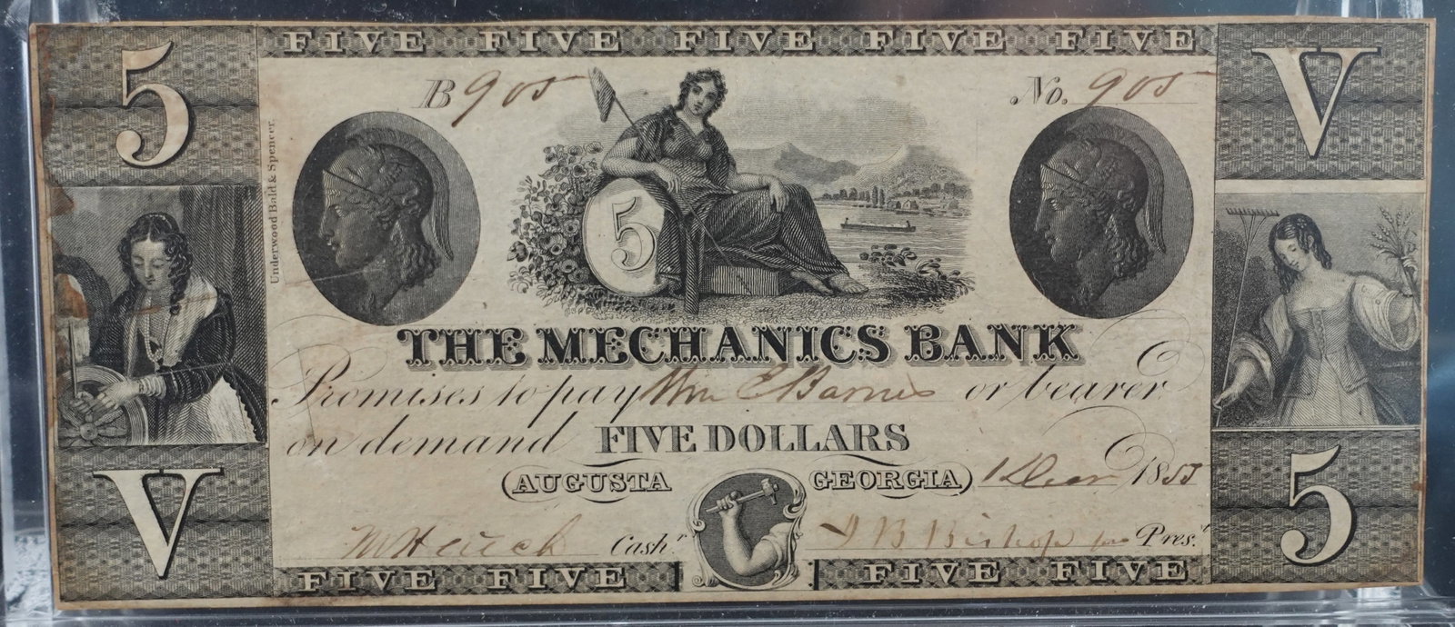 1855 $5 Note: This is an Atlanta Note and note corners and cut! Low Estimate: 400.00 High Estimate: 500.00