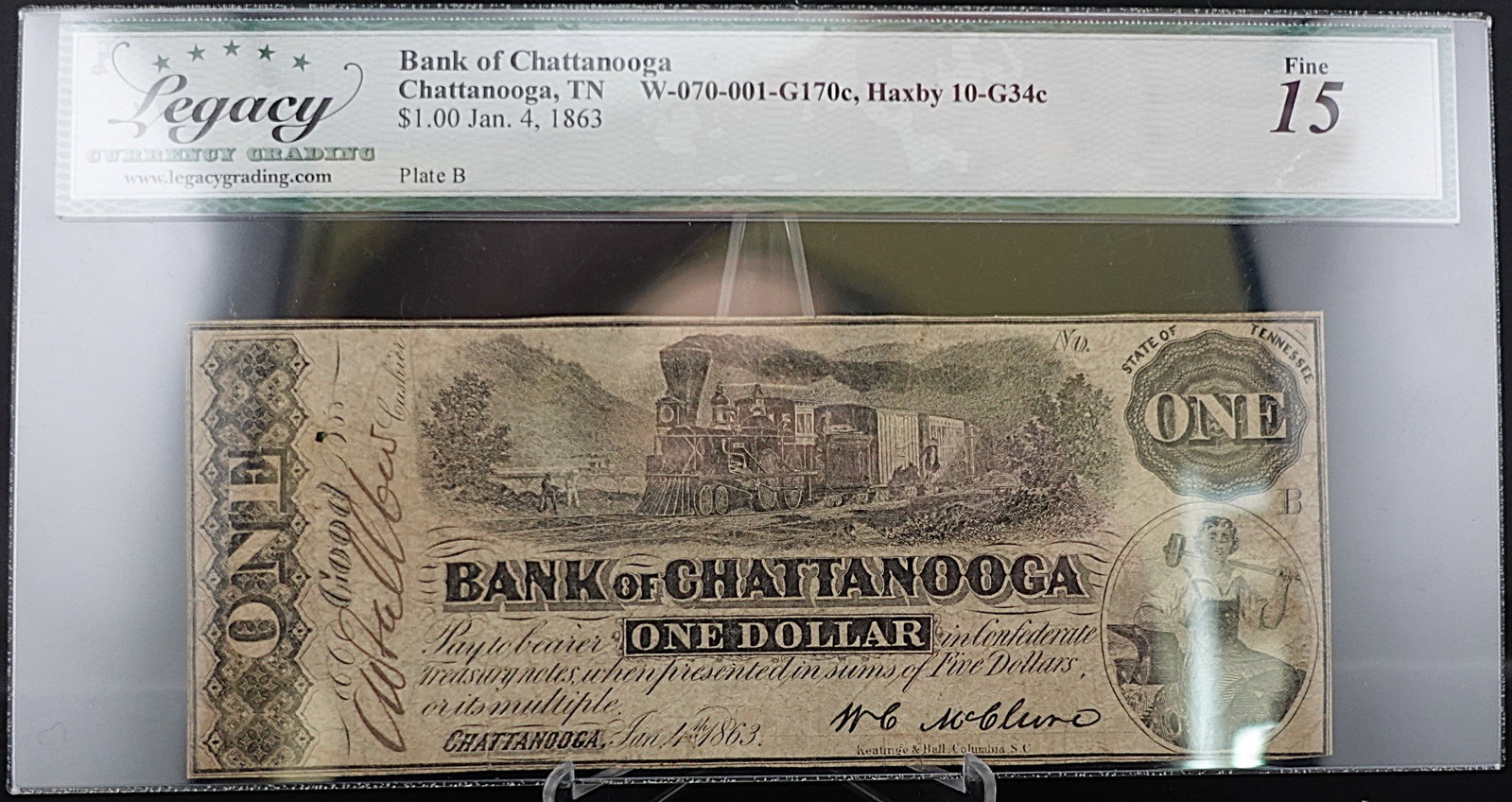1861 Bank of Chattanooga, Chattanooga TN $1 Note: Very Hard to find Note! Graded Fine 15! Low Estimate: 300.00 High Estimate: 400.00