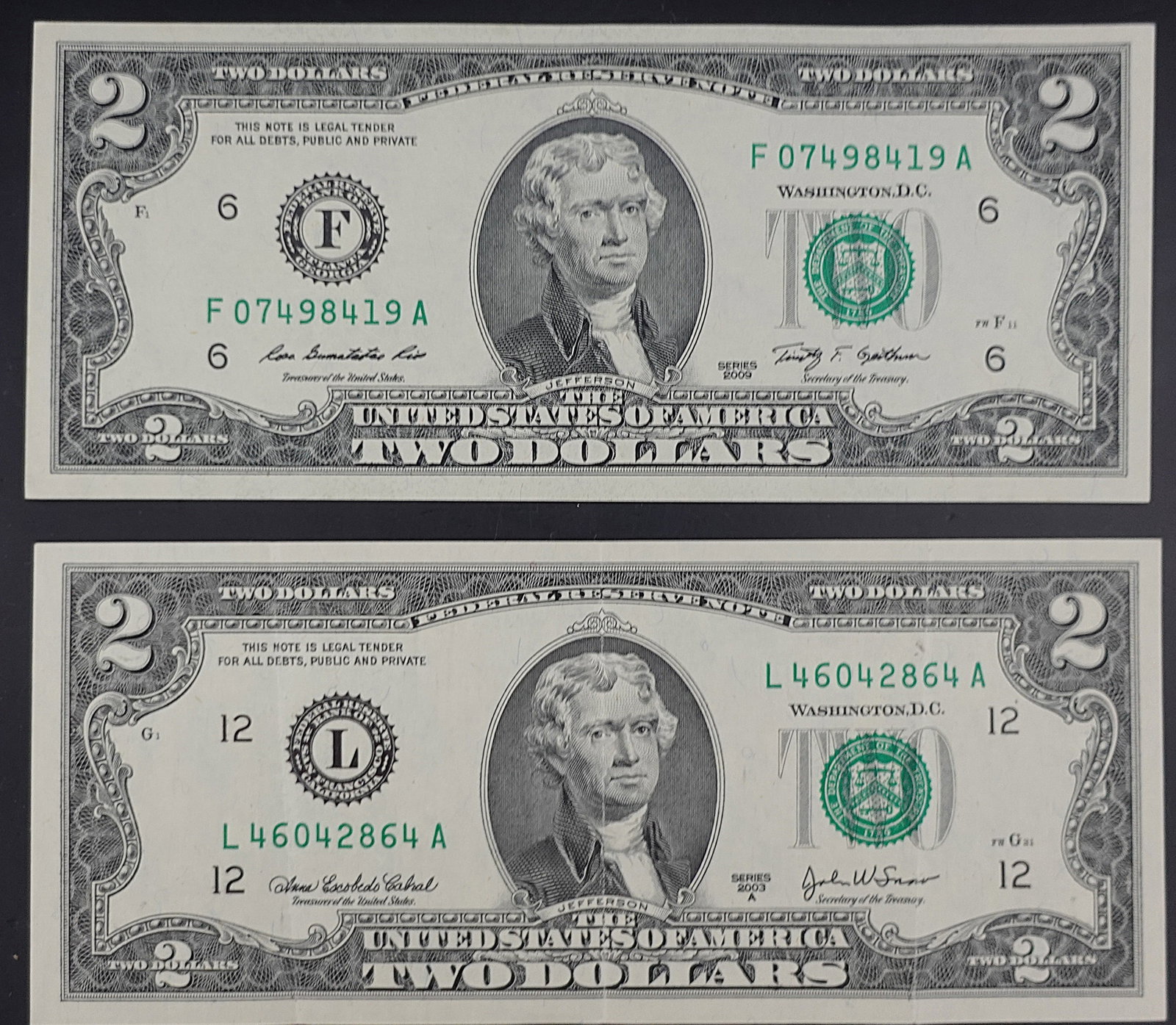 (2) $2 Notes: 2009 and 2013 Low Estimate: 20.00 High Estimate: 30.00