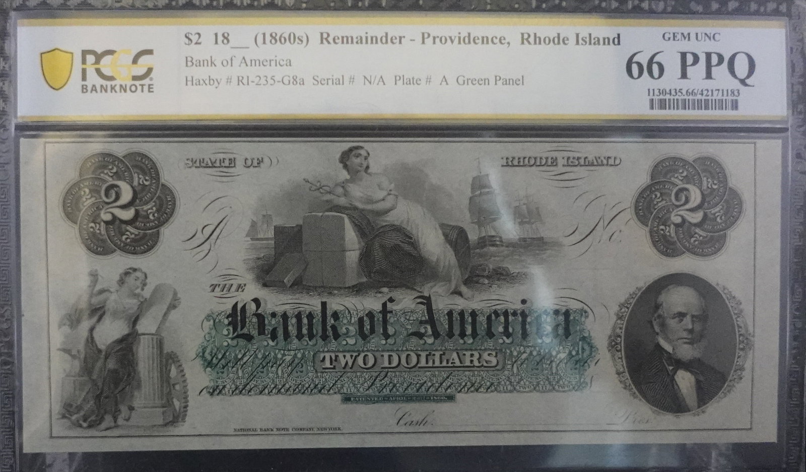 1860s $2 Providence, RI Note: PCGS Graded PPQ-66 GEM UNC Low Estimate: 300.00 High Estimate: 400.00
