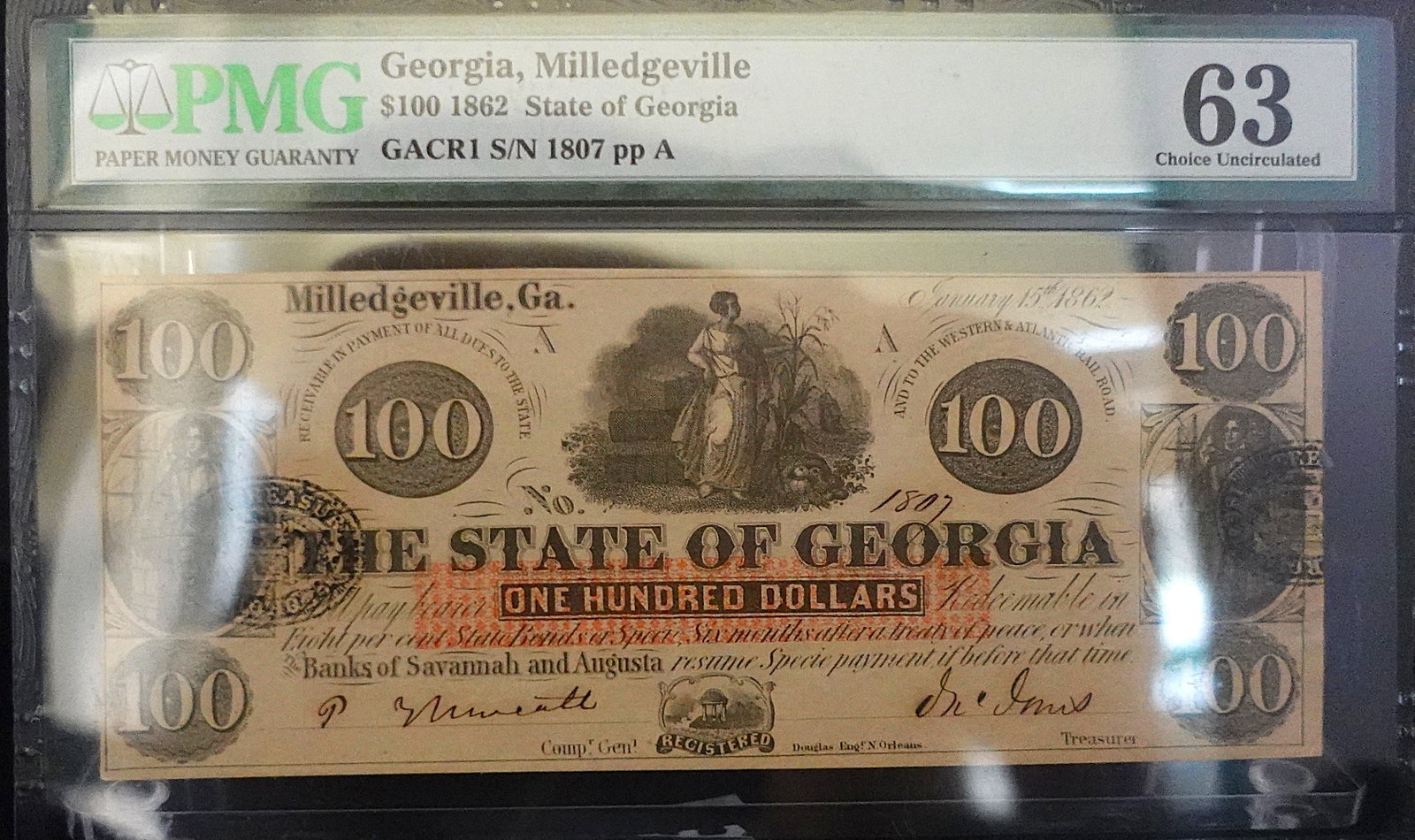 1862 $100 Georgia Milledgeville Note: PMG Graded Choice UNC 63 Low Estimate: 100.00 High Estimate: 150.00