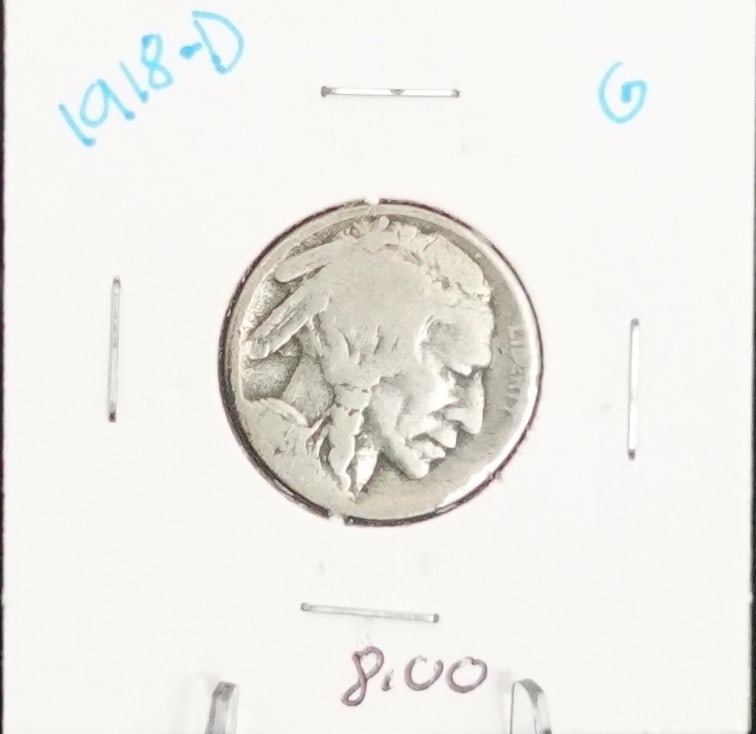 1918-D Buffalo Nickel: Nice Semi Key Date. Low Estimate: 20.00 High Estimate: 40.00