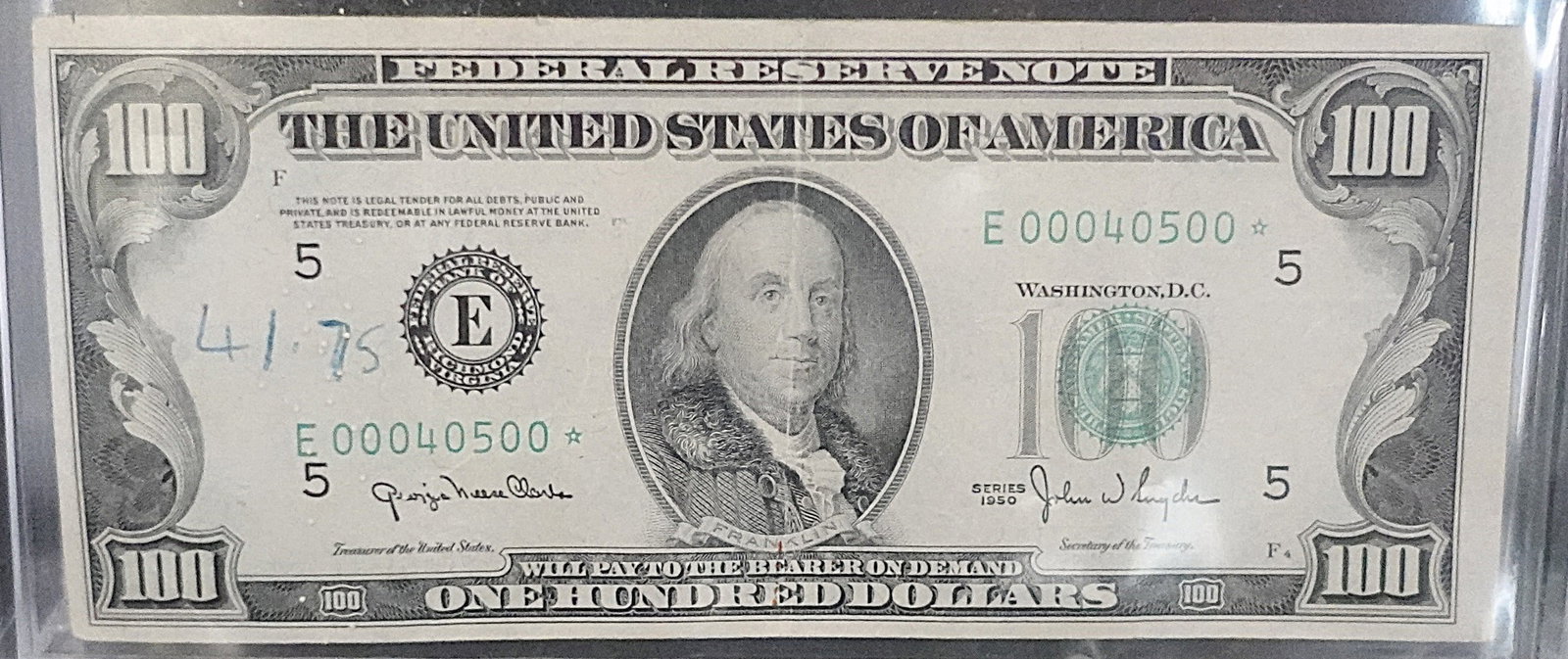 1950 $100 Star Note: This is a great note! Very Desire able SN 00040500! Very Hard to Find! Low Estimate: 200.00 High Estimate: 250.00