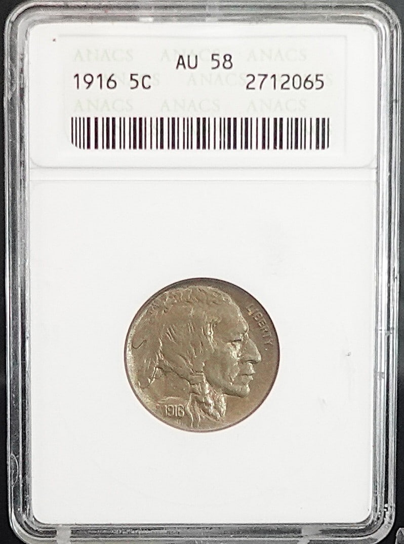1916 Buffalo Nickel: This is ANACS Graded AU 58. Excellent Coin! Low Estimate: 50.00 High Estimate: 70.00