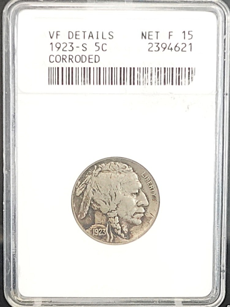 1923-S Buffalo Nickel: ANACS Graded VF Details Corroded Low Estimate: 60.00 High Estimate: 80.00