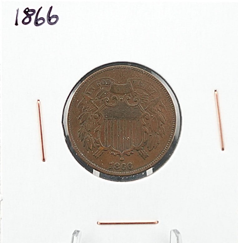 1866 2 Cent Peice: This has Full Motto and Great Details! Low Estimate: 70.00 High Estimate: 90.00