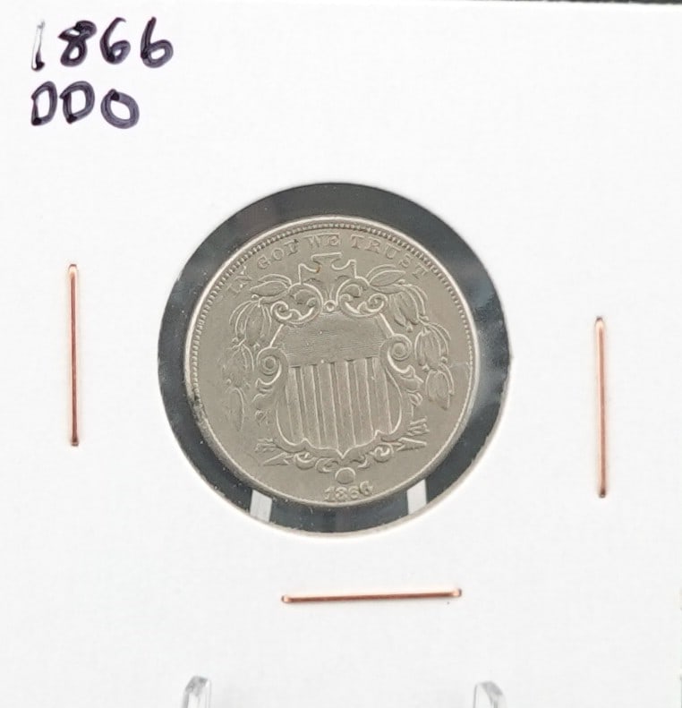 1866 Shield Nickel: Full Liberty. Possible DDO Low Estimate: 190.00 High Estimate: 240.00