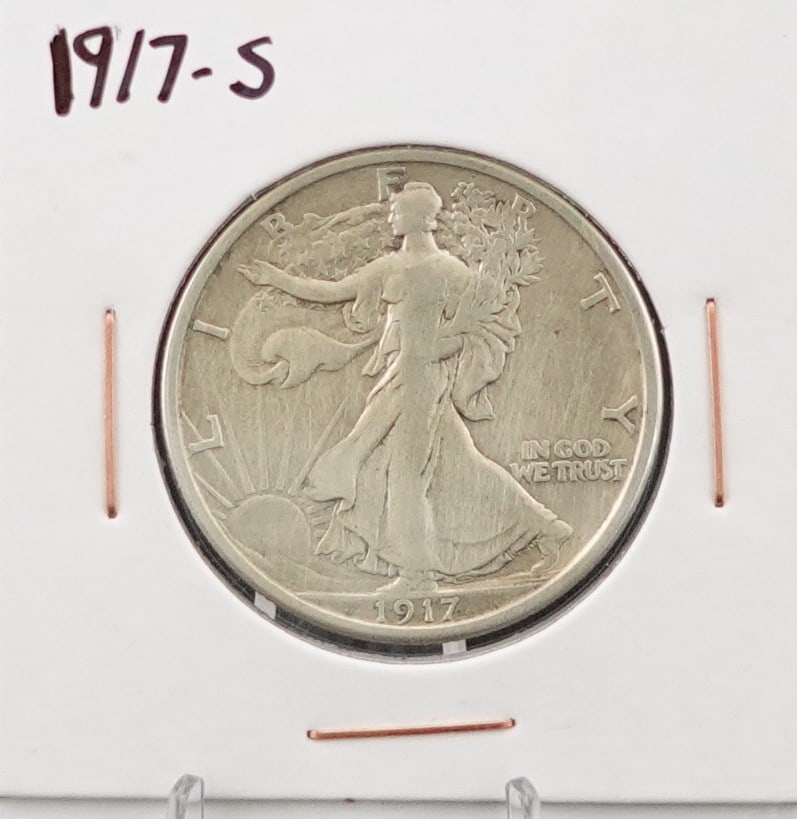 1917-S Walking Liberty Half Dollar: This is the Reverse S. Looks to be 12-15 in grade Low Estimate: 70.00 High Estimate: 90.00