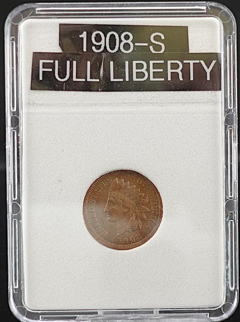 1908-S Indian Head Cent: Full Liberty and 2 Diamonds. Looks to be a AU50 Low Estimate: 200.00 High Estimate: 300.00