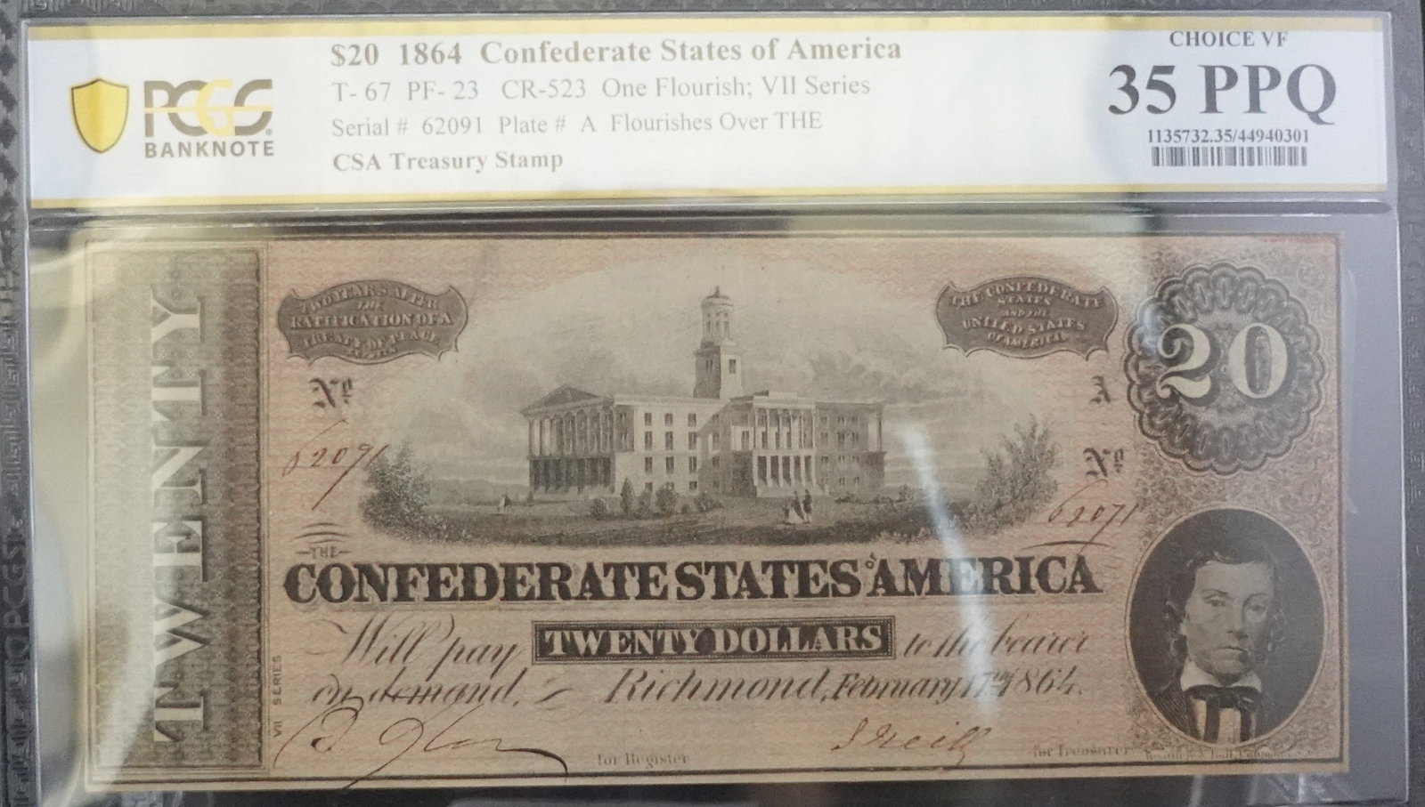 1864 $20 Confederate States of America: PCGS Graded Choice VF-35 PPQ Low Estimate: 100.00 High Estimate: 150.00