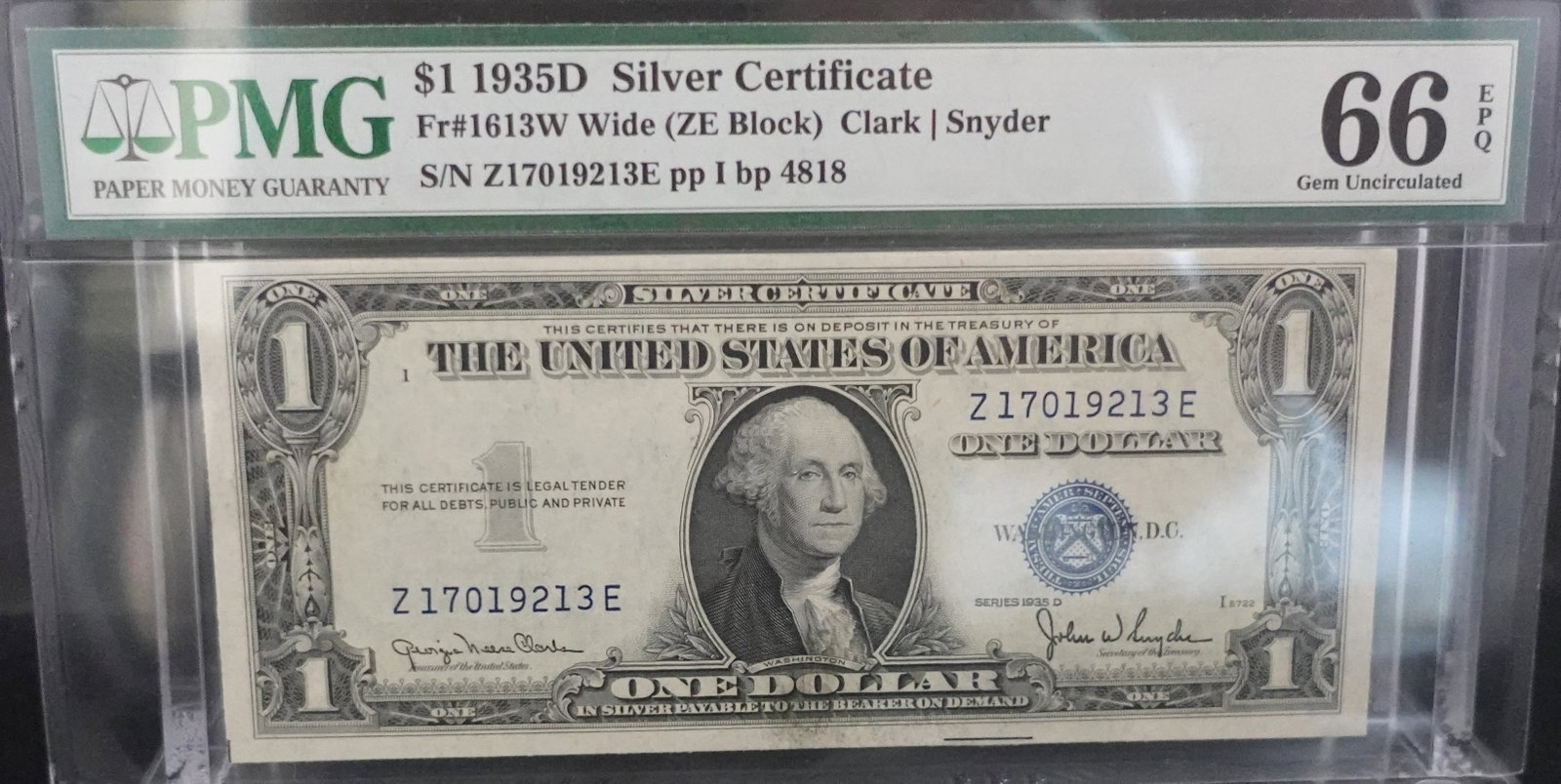 1935D $1 Silver Certificate: PMG Graded EPQ-65. This is the Very Rare ZE Block Low Estimate: 100.00 High Estimate: 150.00