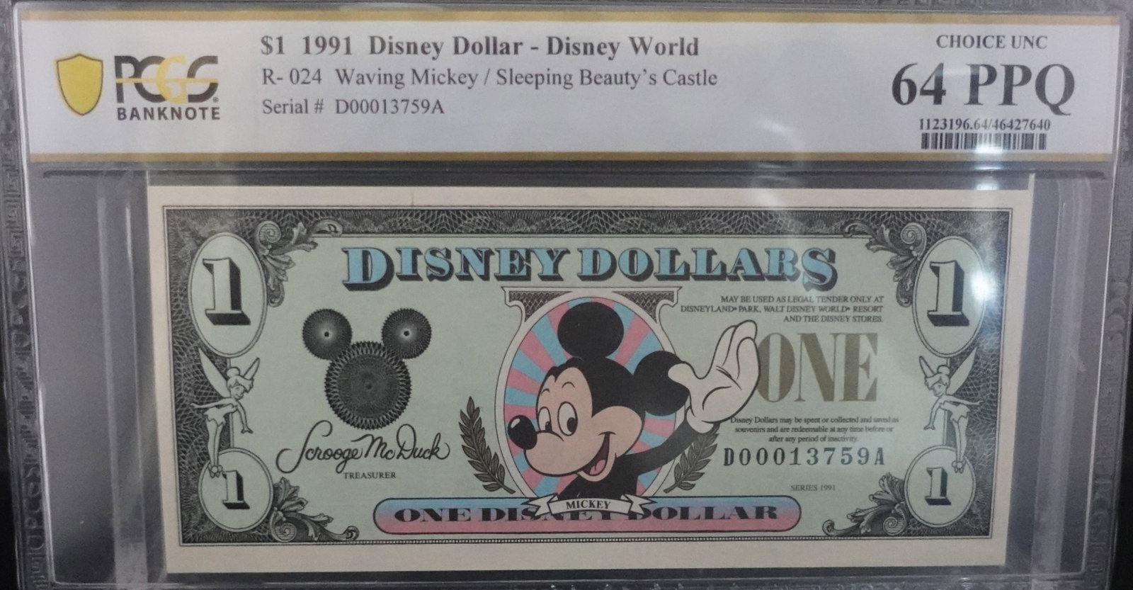 1991 Disney Dollar: PCGS Graded Choice Uncirculated 64-PPQ. This is the Waving Mickey/Sleeping Beauty's Castle Low Estimate: 100.00 High Estimate: 150.00