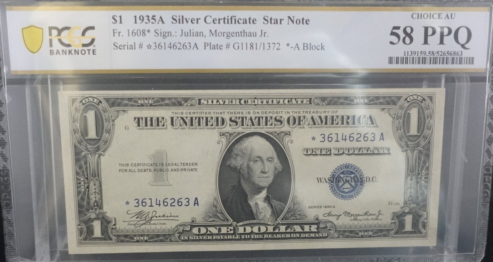 1935A $1 Silver Certificate Star Note: PCGS Graded 58-PPQ Low Estimate: 150.00 High Estimate: 200.00