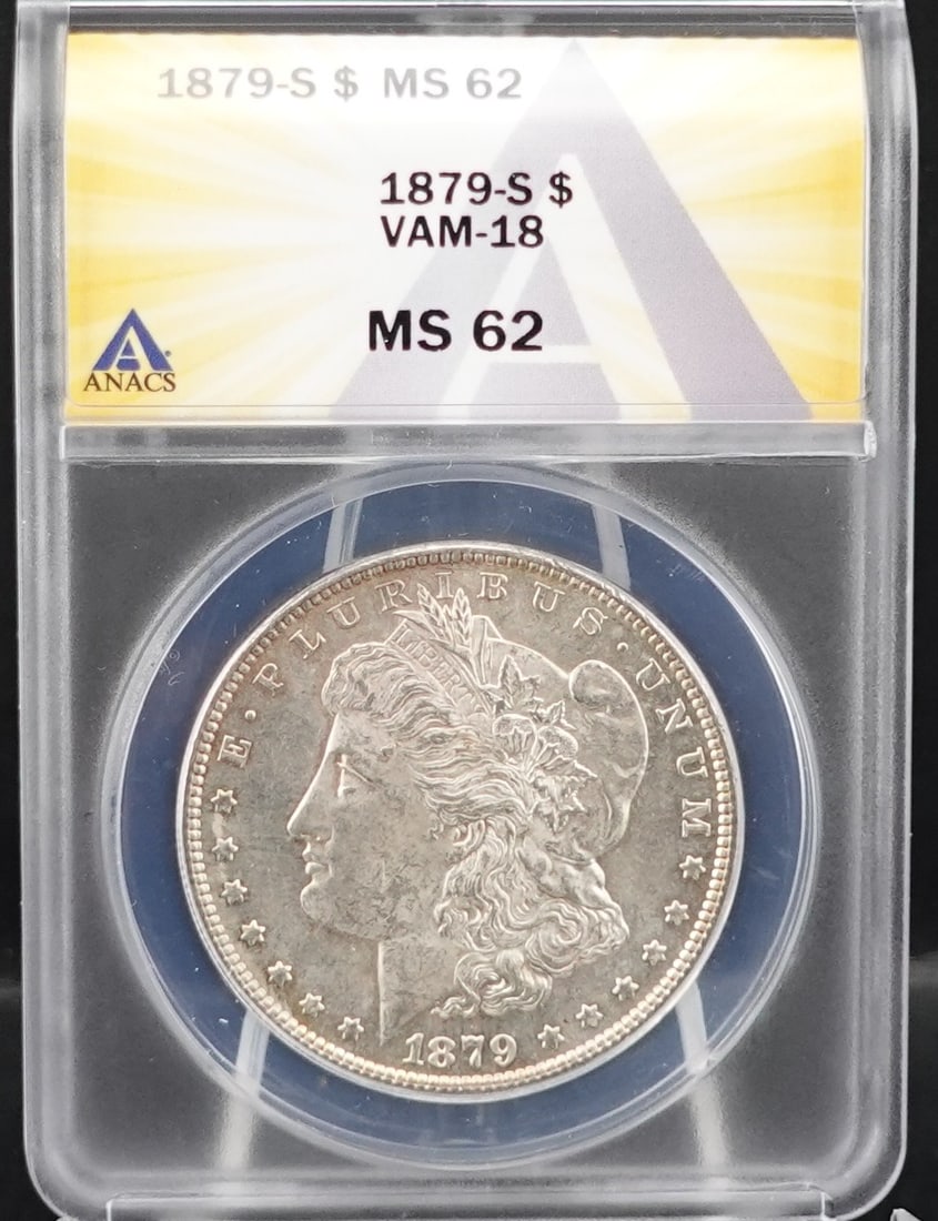 1879-S Morgan Dollar: ANACS Graded as MS63 with the VAM 18 variety High Estimate: 300 Low Estimate: 200