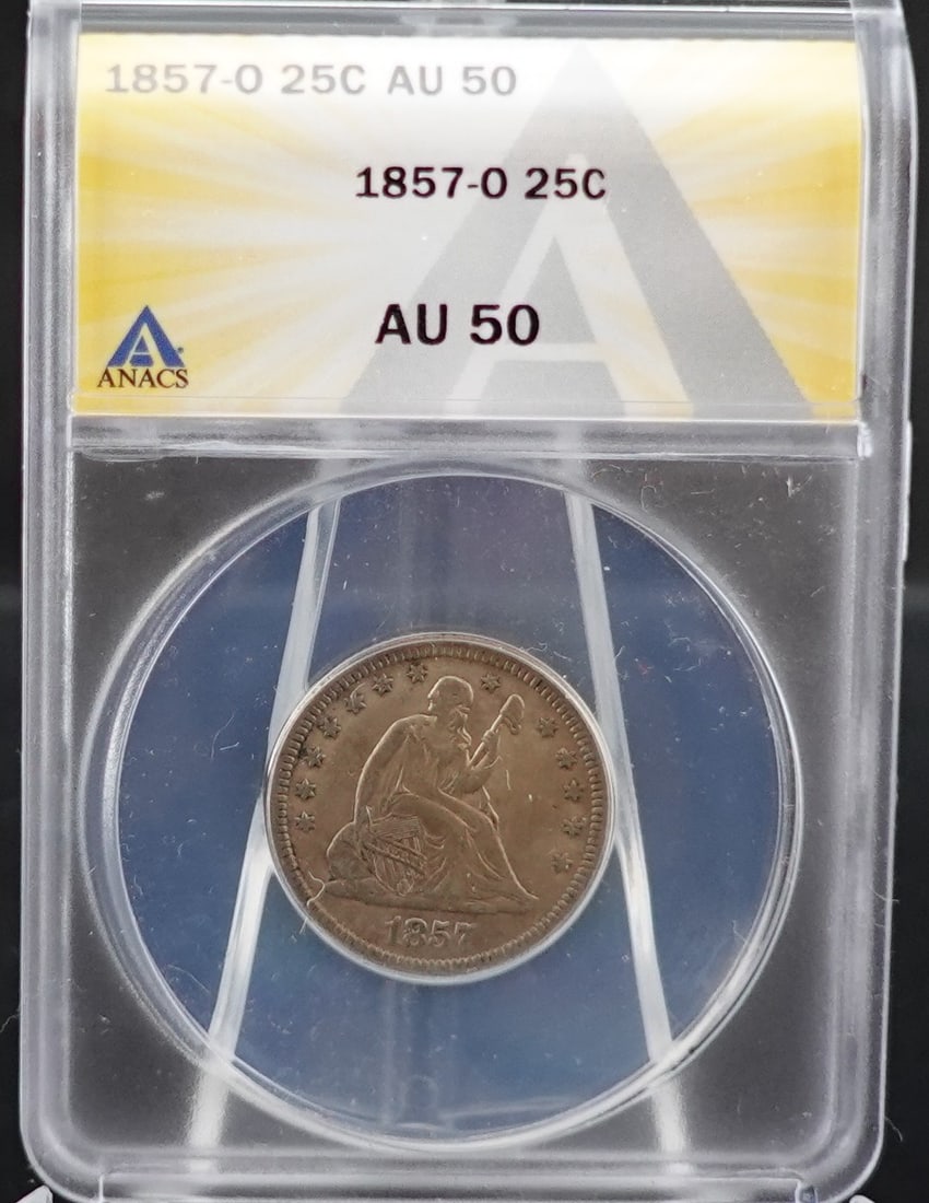 1857-O Seated Quarter: ANACS Graded AU 50. Excellent Coin! High Estimate: 550 Low Estimate: 450