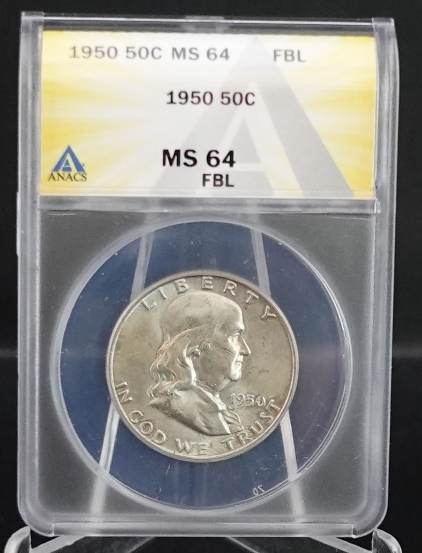 1950 Franklin Half Dollar: ANACS Graded MS64 FBL High Estimate: 90 Low Estimate: 70