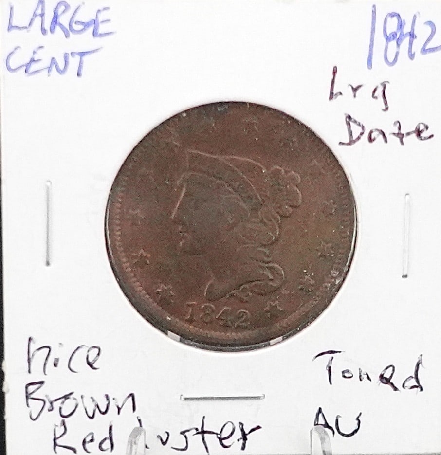 1842 Large Date Braided Hair Cent: This is a gorgeous Coin! Great Details! Nice Semi Key Date High Estimate: 130 Low Estimate: 100