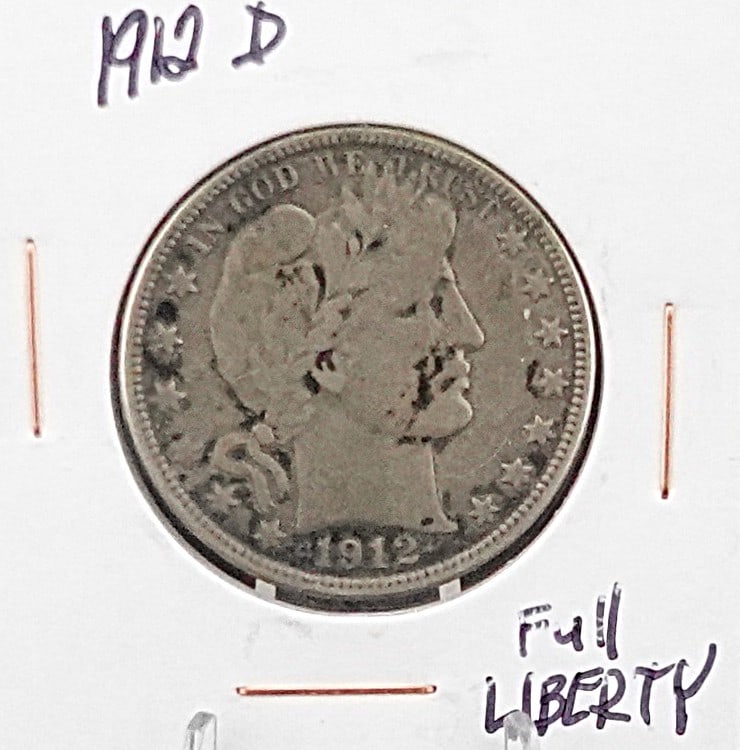 1912-D Barber Half Dollar: This is a VF 30/35. Full Liberty Low Estimate: 140 High Estimate: 180