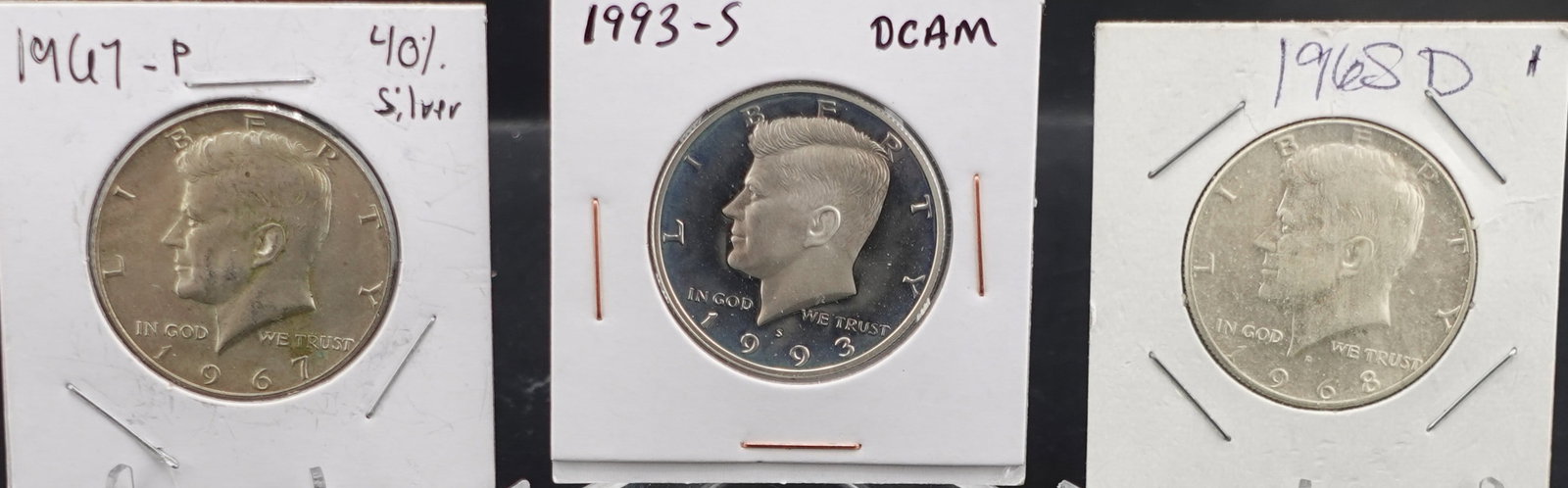 (3) Kennedy Half Dollars: The dates are 1967-P, 1968-D and 1993-S. Two of the Half Dollars are 40% Silver High Estimate: 40 Low Estimate: 30