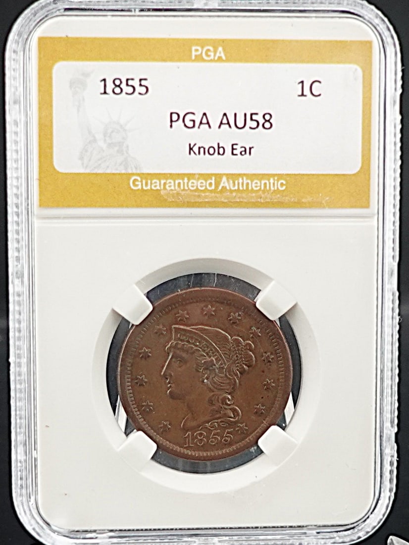 1855 Braided Hair Large Cent: This has the rare Knob Ear Error! High Estimate: 500 Low Estimate: 400