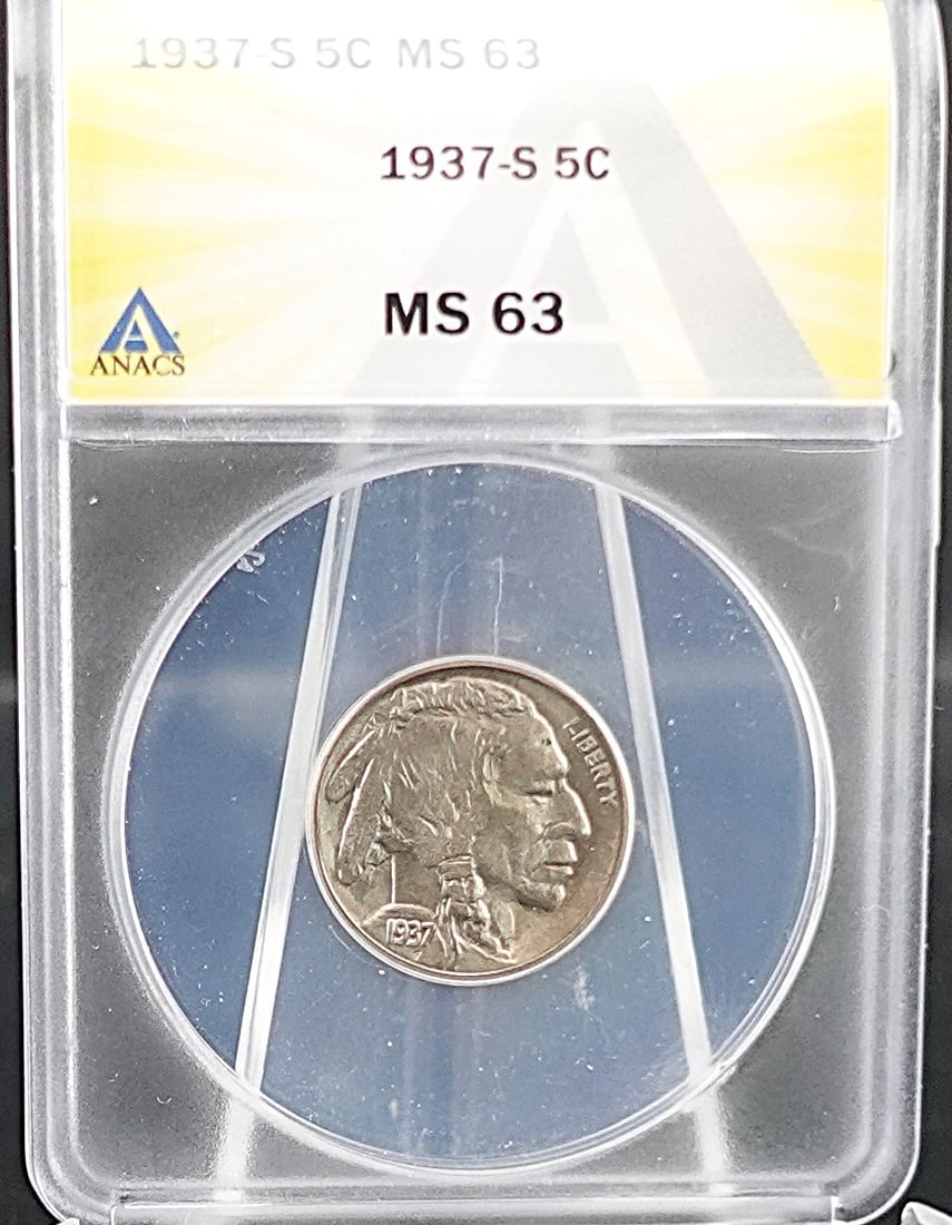 1937-S Buffalo Nickel: This is ANACS Graded MS 63 Low Estimate: 40 High Estimate: 60