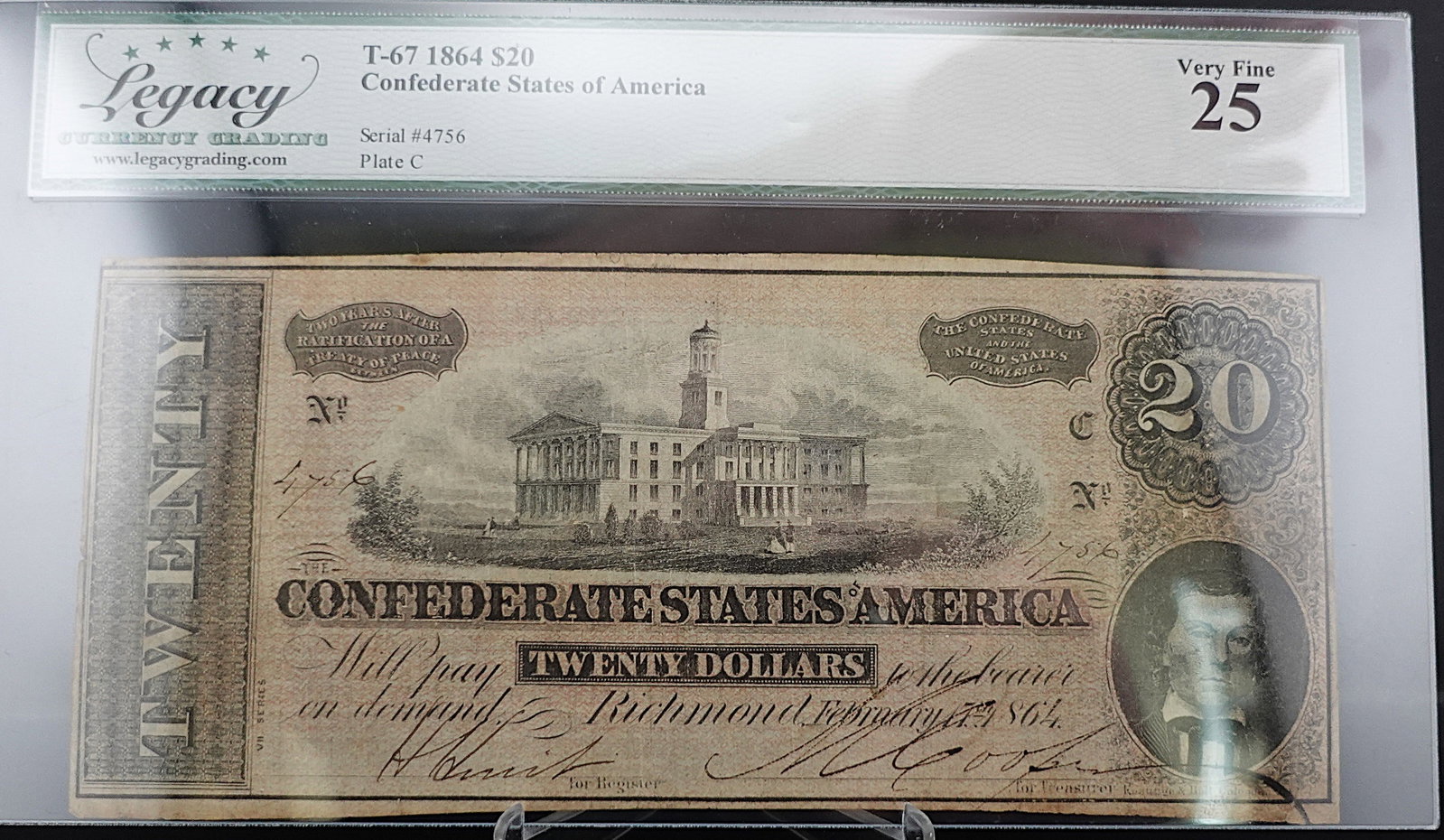 1864 $20 Confederate States of America: This is graded VF 25 Low Estimate: 200.00 High Estimate: 250.00