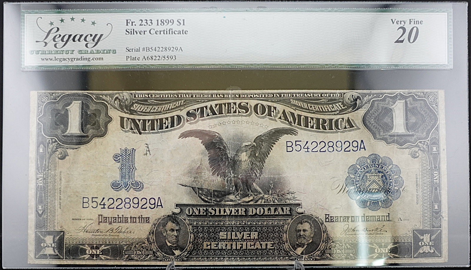 1899 Black Eagle $1Silver Certificate: This is a great note! Graded Very Fine 20 Low Estimate: 250.00 High Estimate: 300.00