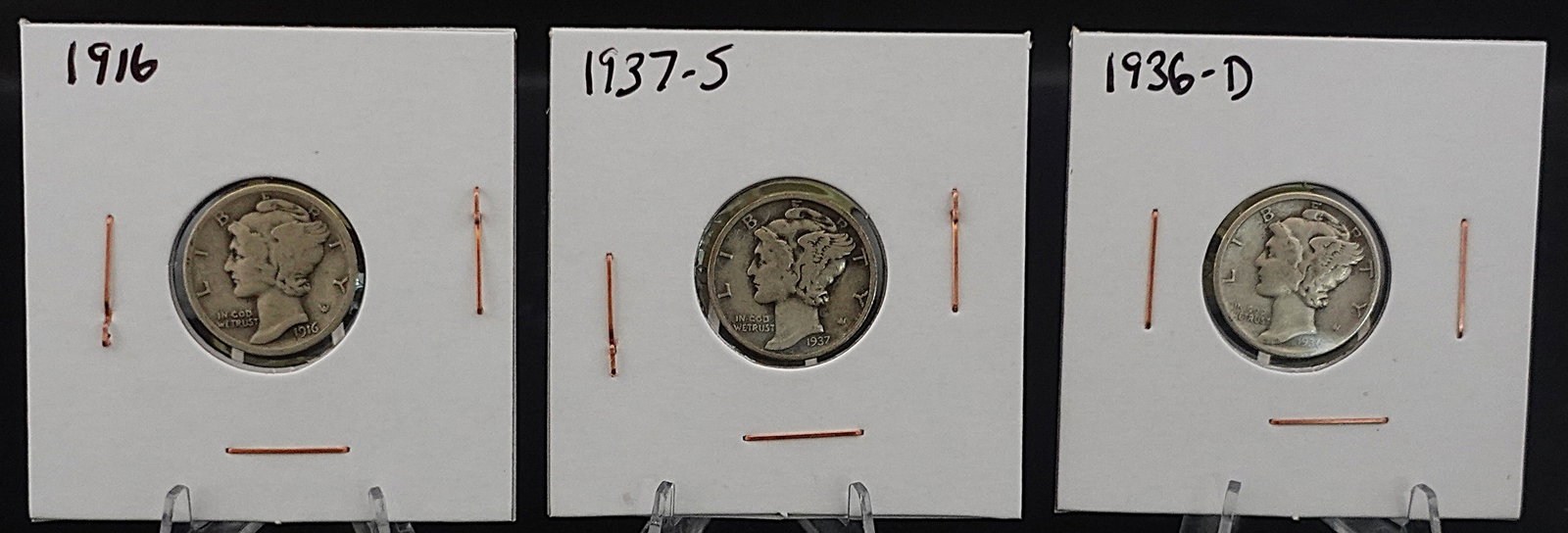 (4) Carded Mercury Dimes: The Dates are 1916, 1937-S, 1936-D, 1943 and 1944 Low Estimate: 30.00 High Estimate: 40.00