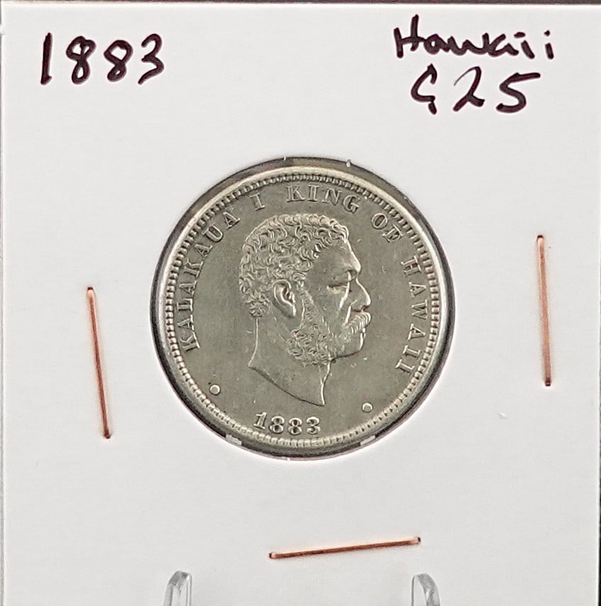 1883 Hawaii Quarter: This looks to be an AU53/55. Only 500k where minted! Very hard to find coin! Low Estimate: 200.00 High Estimate: 250.00