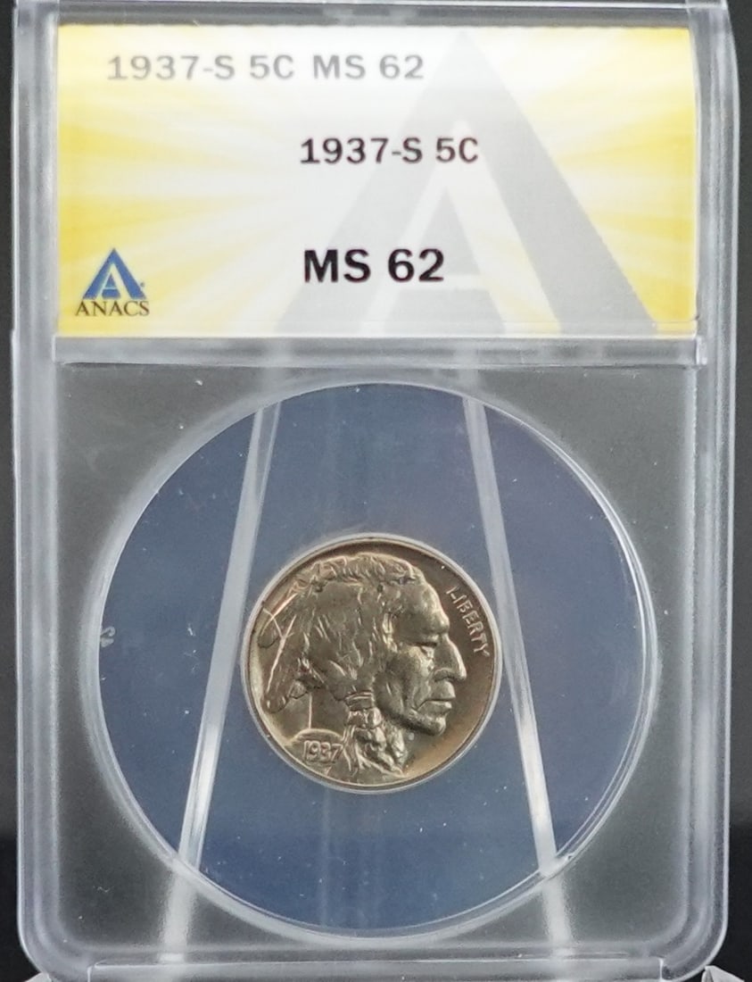 1937-S Buffalo Nickel: ANACS Graded MS-62 Low Estimate: 30.00 High Estimate: 40.00