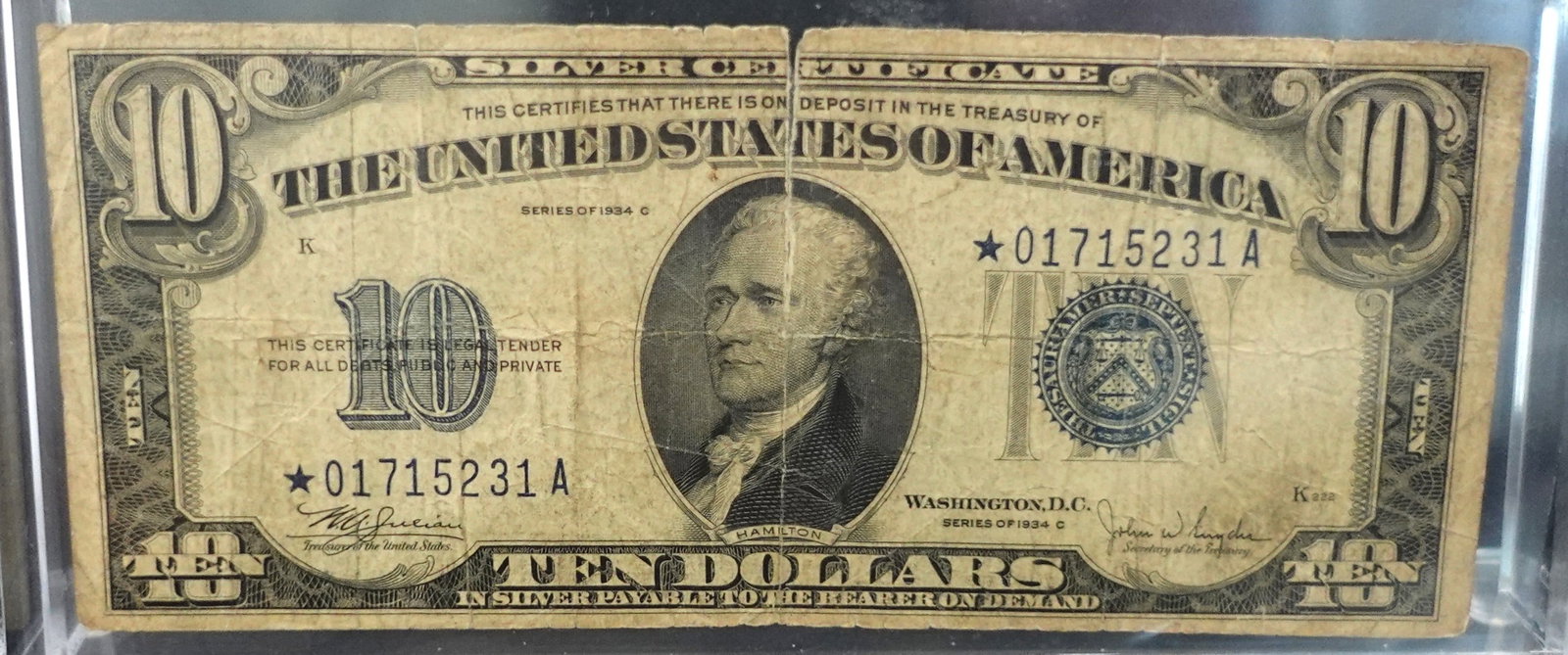 1934C $10 Blue Seal Silver Certificate: This is a Very Rare Star Note! SN 231 Low Estimate: 20.00 High Estimate: 30.00