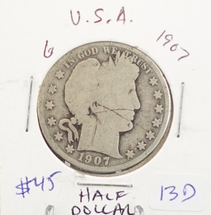 1907 Barber Half Dollar: 90% Silver Low Estimate: 30.00 High Estimate: 50.00