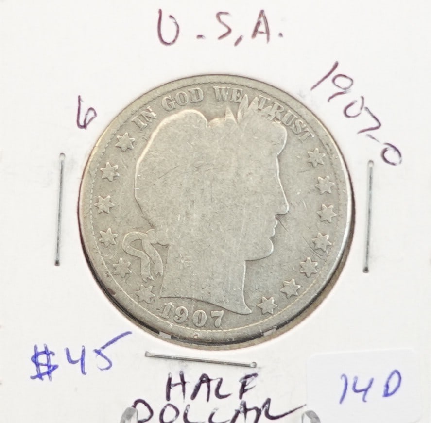 1907-O Barber Half Dollar: 90% Silver Low Estimate: 30.00 High Estimate: 50.00