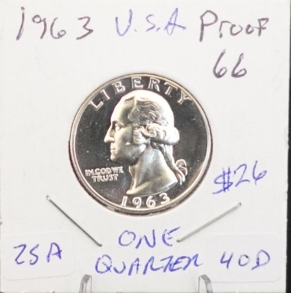(2) Washington Quarters: 1963 Proof and 1962-D Proof Low Estimate: 30.00 High Estimate: 50.00