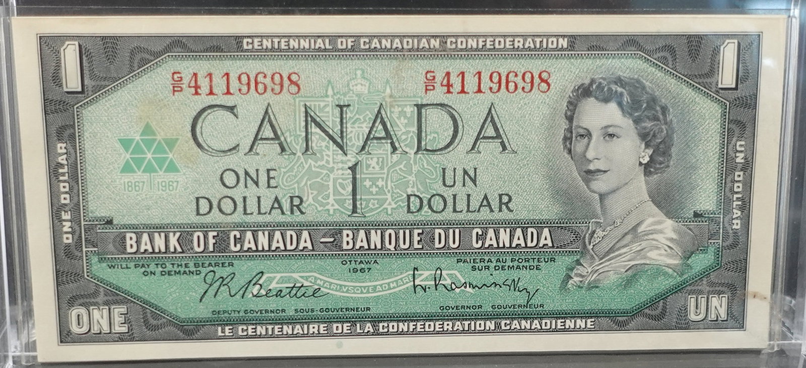 1967 $1 Canada Note: This is a Crisp Note with Great Details! Low Estimate: 20.00 High Estimate: 30.00