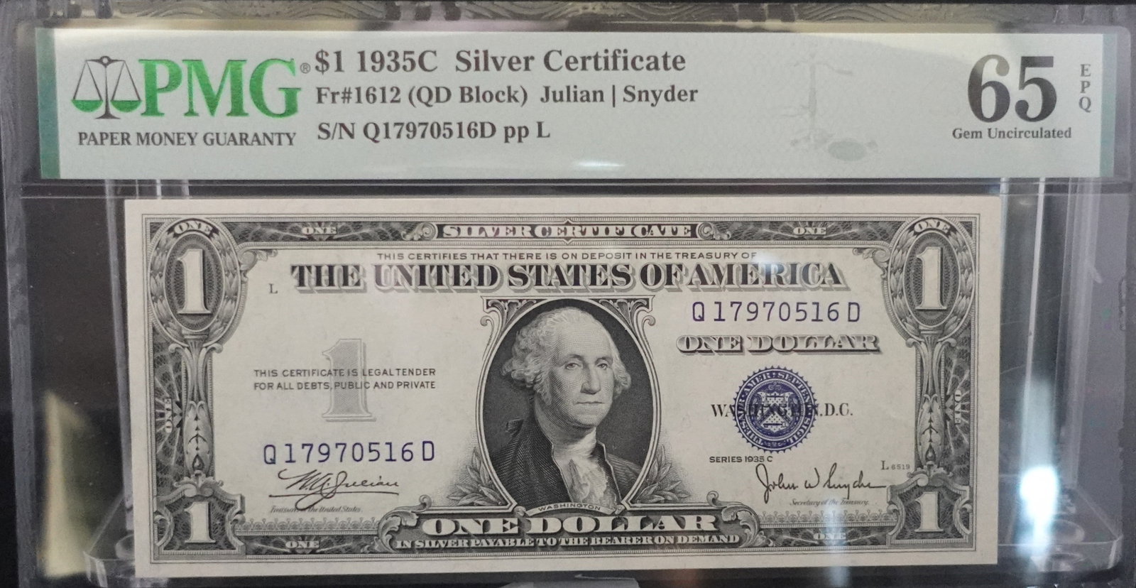 1935C $1 Silver Certificate: PMG Graded EPQ 65 Low Estimate: 60.00 High Estimate: 80.00