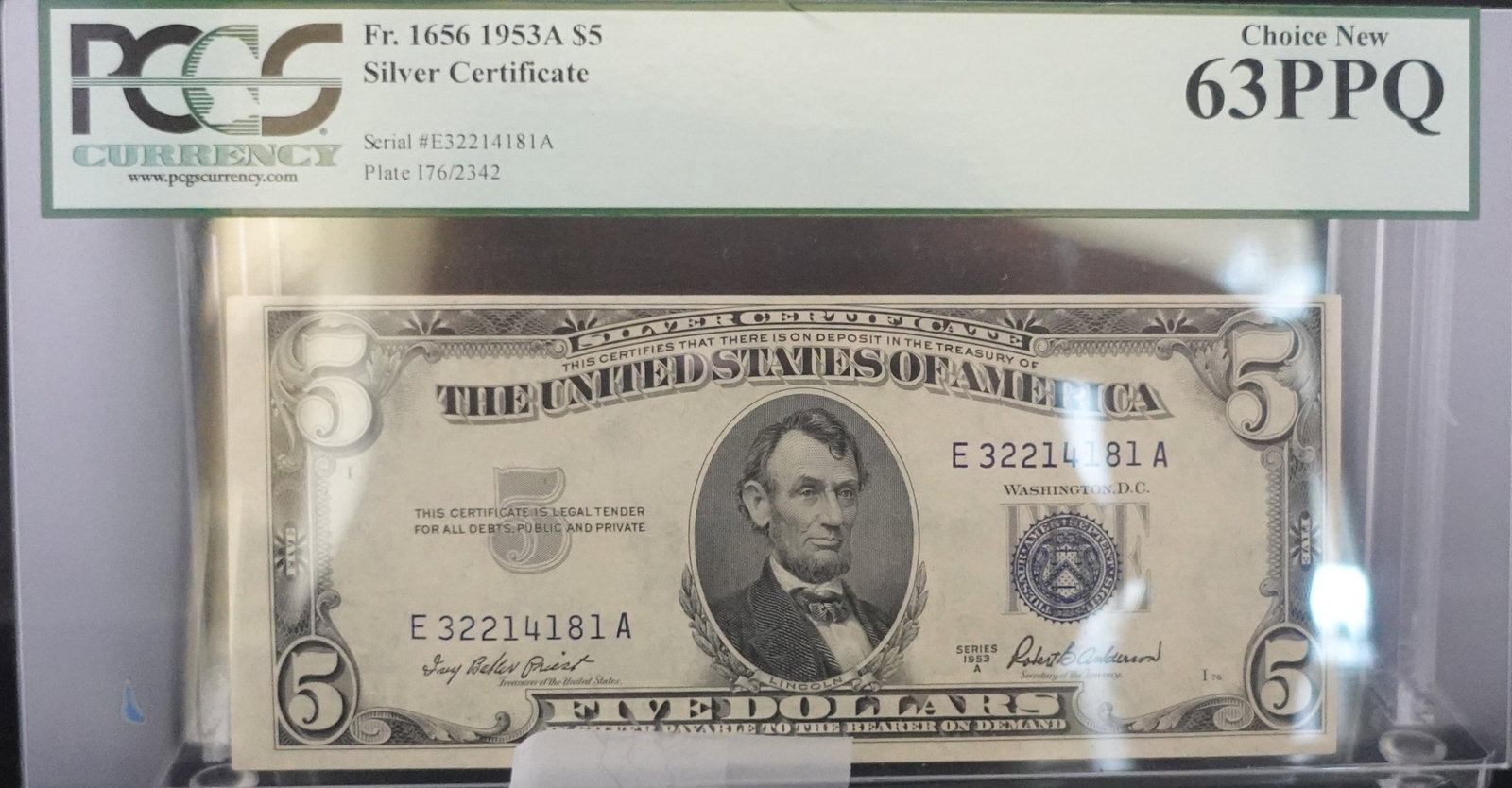1953A $5 Silver Certificate: PCGS Graded 63 PPQ Low Estimate: 80.00 High Estimate: 100.00