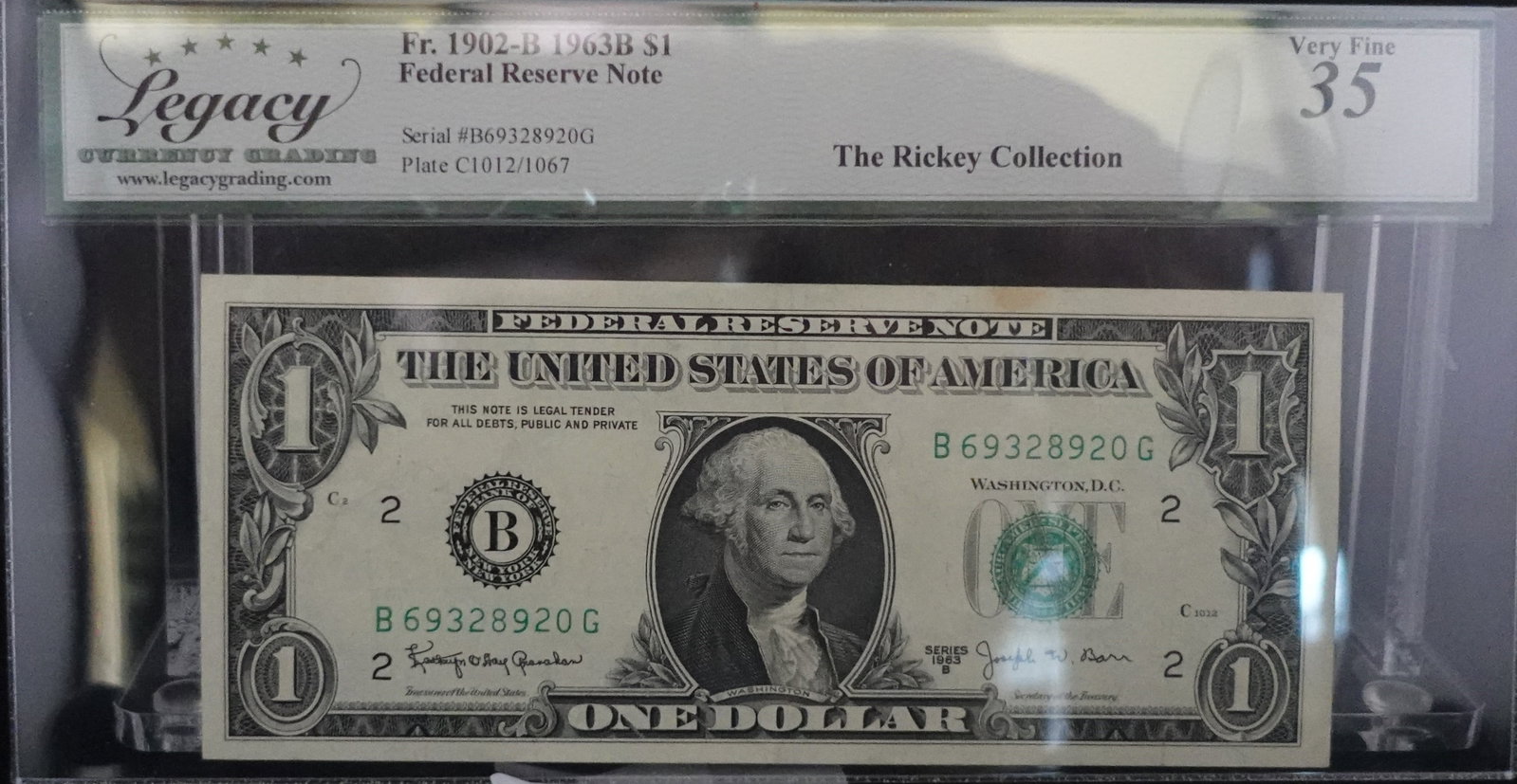 1963B $1 Barr Note: This is Legacy Graded VF-35. This is also from the Rickey Collection Low Estimate: 20.00 High Estimate: 30.00