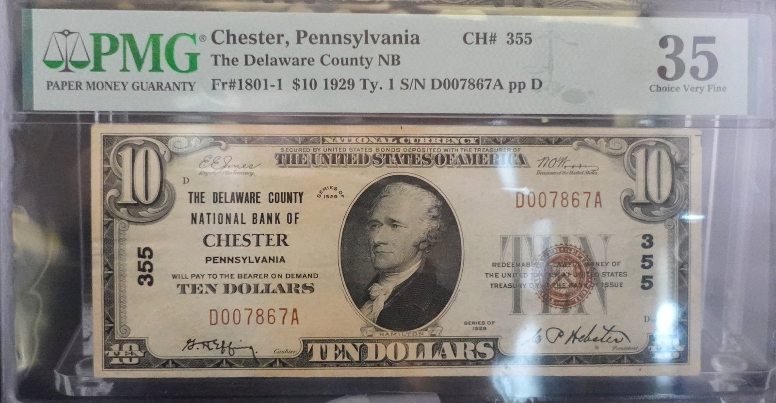 1929 $10 type 1 Chester, PA Note: PMG Graded CVF-35. VERY LOW SERIAL NUMBER 007867 Low Estimate: 100.00 High Estimate: 150.00