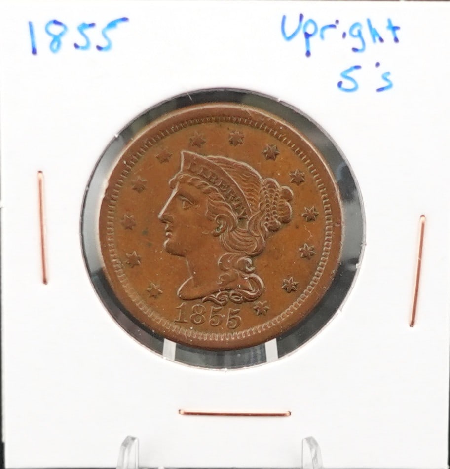 1855 Braided Hair Large Cent: This is the Upright 5 Variety High Estimate: 300 Low Estimate: 240
