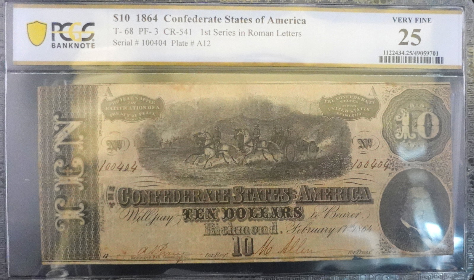 1864 $10 Confederate States of America Note: PCGS Graded VF-25 Low Estimate: 90 High Estimate: 120