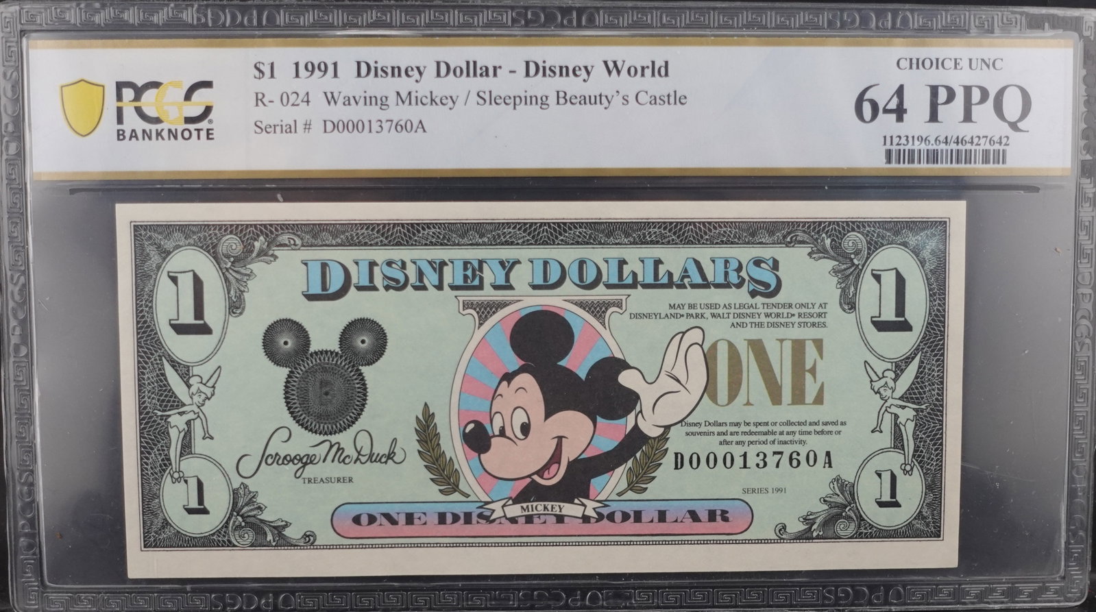 1991 $1 Disney Dollar PCGS Grade 64PPQ: This is Waving Mickey and Sleeping Beauty's Castle Low Estimate: 80 High Estimate: 100