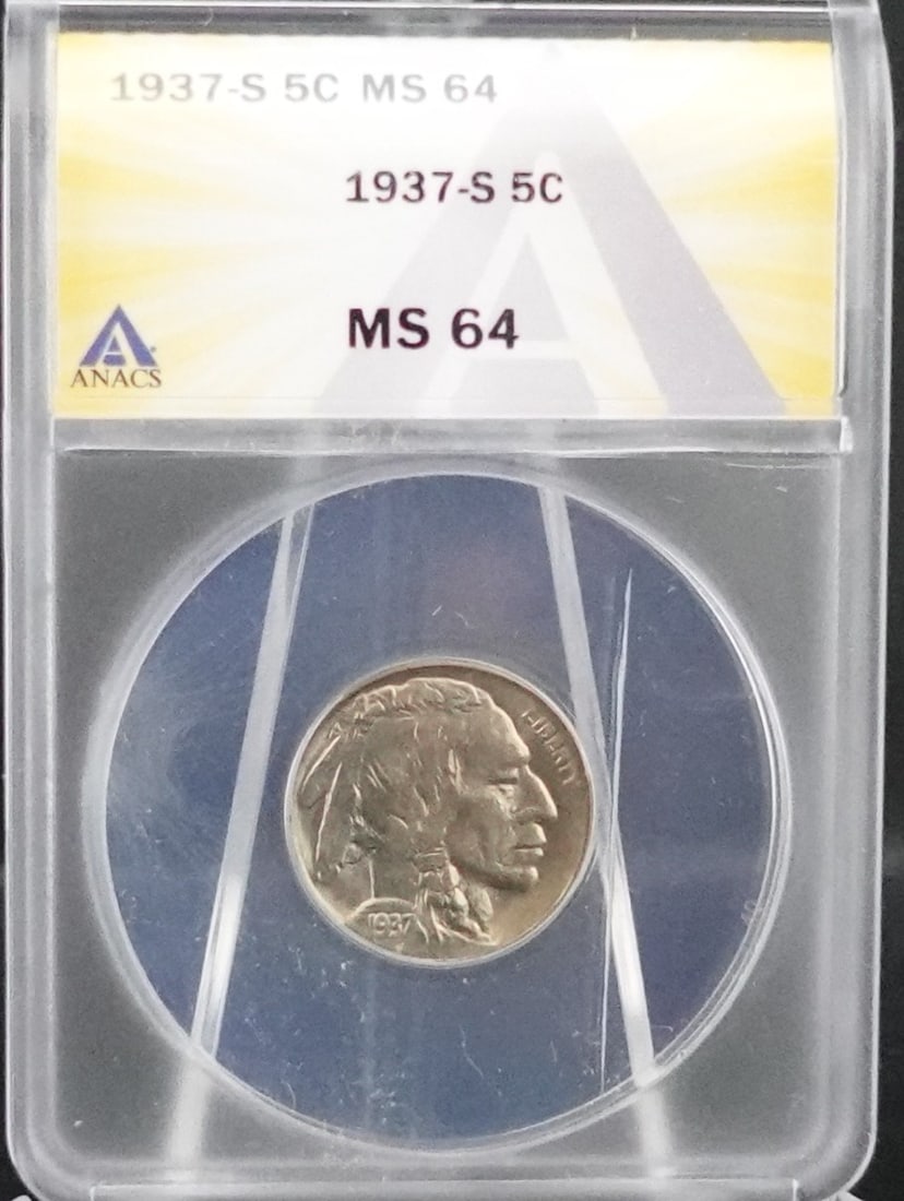 1937-S Buffalo Nickel: ANACS Graded MS64! Low Estimate: 40 High Estimate: 50