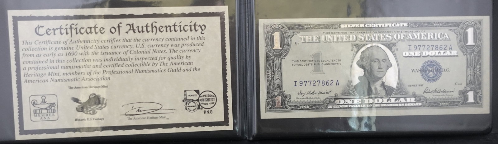 The American Heritage Mint Colorized 1957 $1 Silver Certificate: This is a gorgeous note! High Estimate: 50 Low Estimate: 30