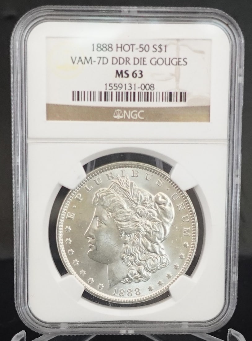 1888 Morgan Dollar: NGC Graded MS63. This is the Hot 50 VAM-7A DDR and Die Gouges. This is sometimes called Scarface. Extremely RARE COIN! High Estimate: 400 Low Estimate: 300