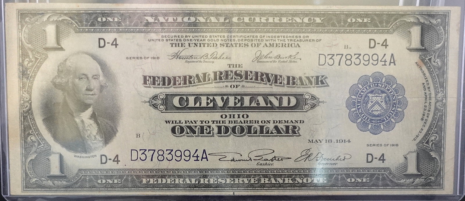 1914 $1 Federal Reserve Bank of Cleveland Note: This is a really nice note! Great Color and Sharp Corners High Estimate: 350 Low Estimate: 250